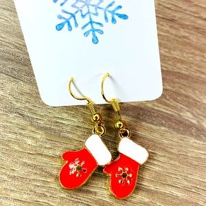 Gold tone red enamel snowflake mitten boutique Christmas earrings